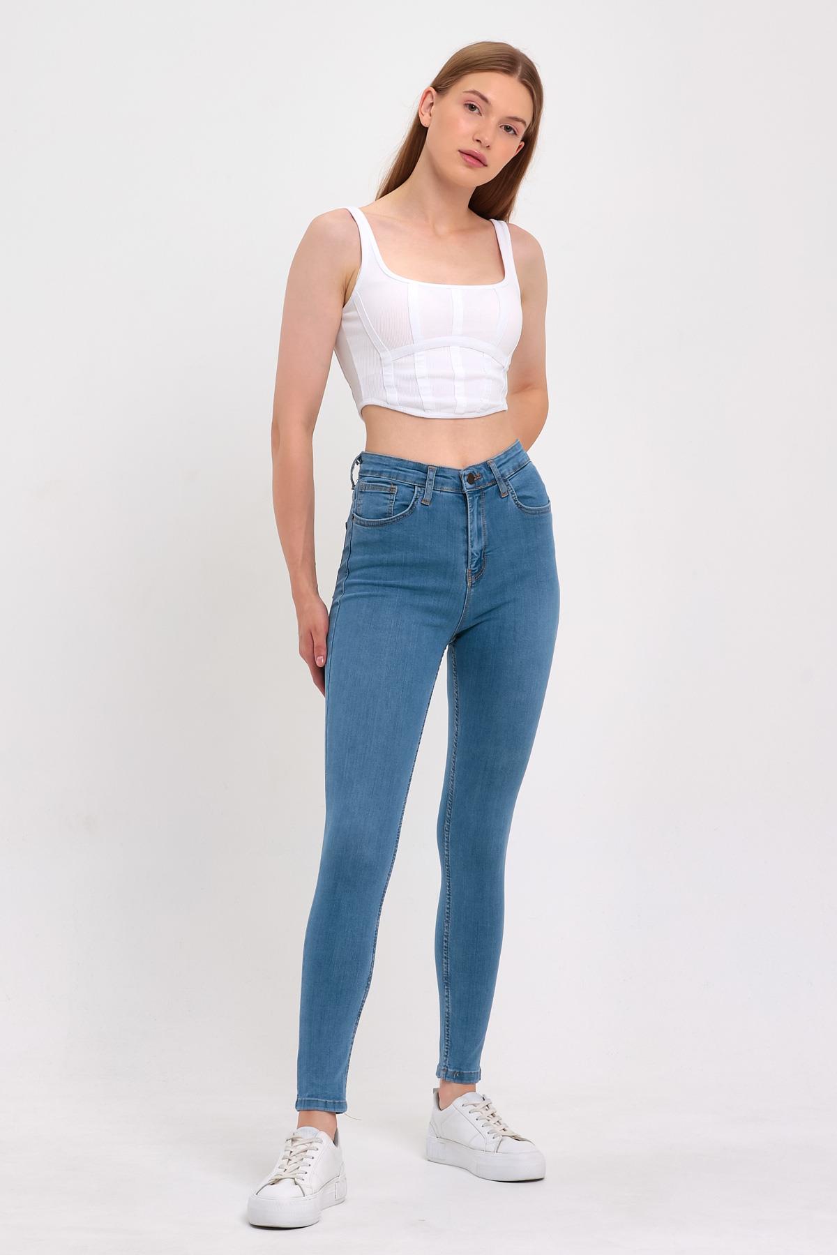 FİHA/PARILTI-4341 KADIN DÜZ JEANS - AÇIK MAVİ
