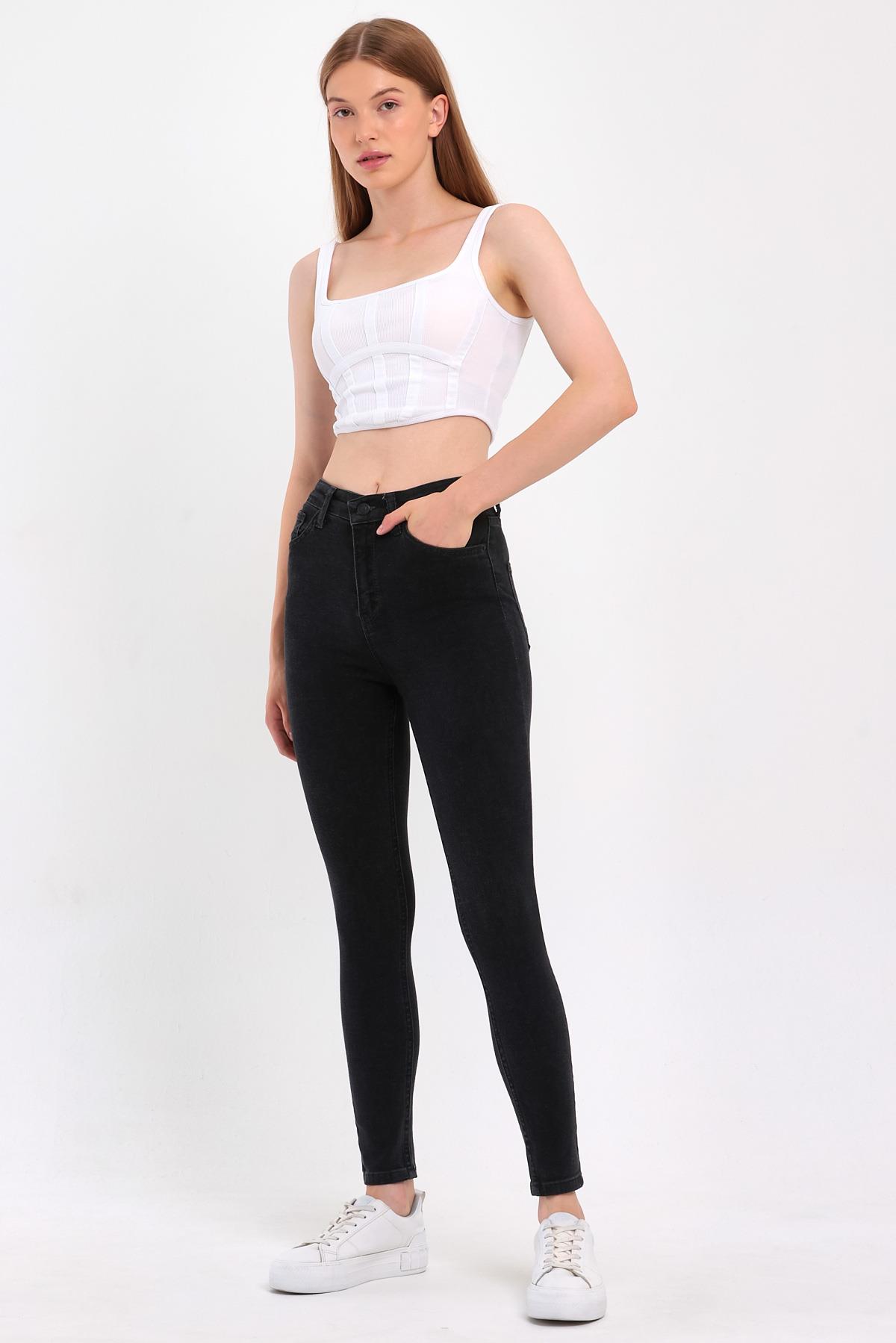FİHA/PARILTI-4341 KADIN DÜZ JEANS FÜME