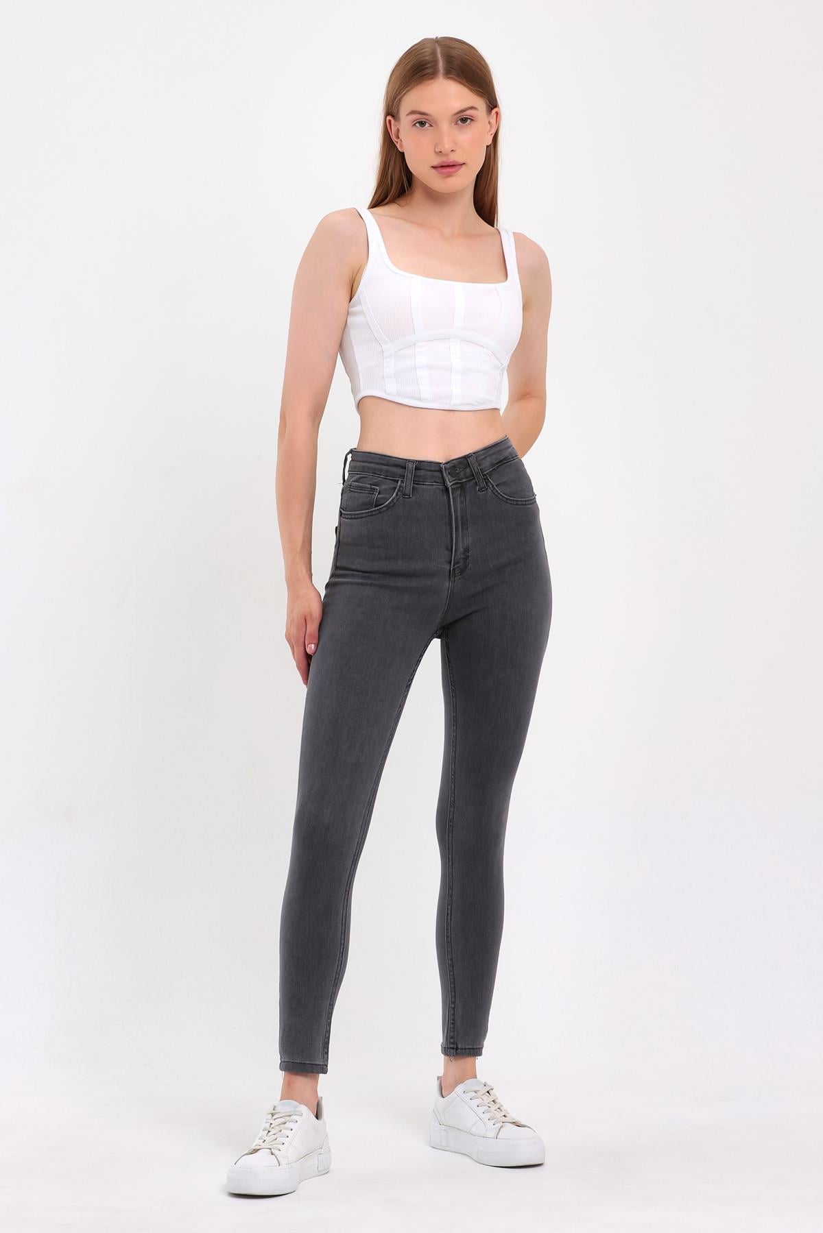 FİHA/PARILTI-4341 KADIN DÜZ JEANS - GRİ - 36