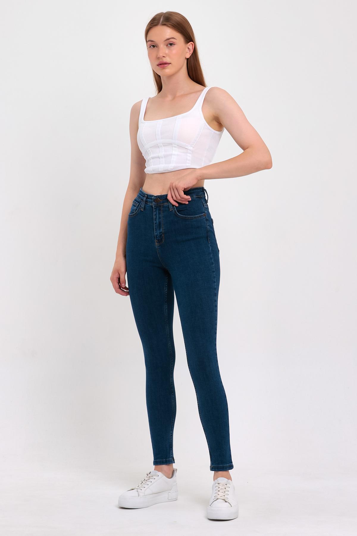 FİHA/PARILTI-4341 KADIN DÜZ JEANS - KOYU MAVİ 
