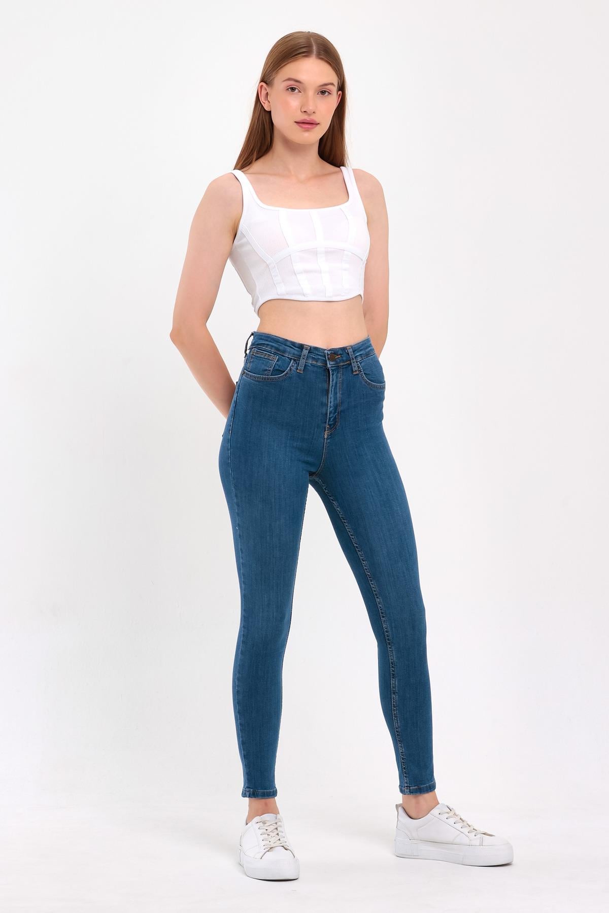 FİHA/PARILTI-4341 KADIN DÜZ JEANS - MAVİ 