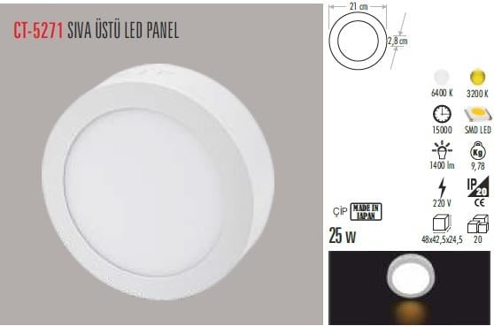 Cata 25w Sıva Üstü Beyaz Yuvarlak Led Panel