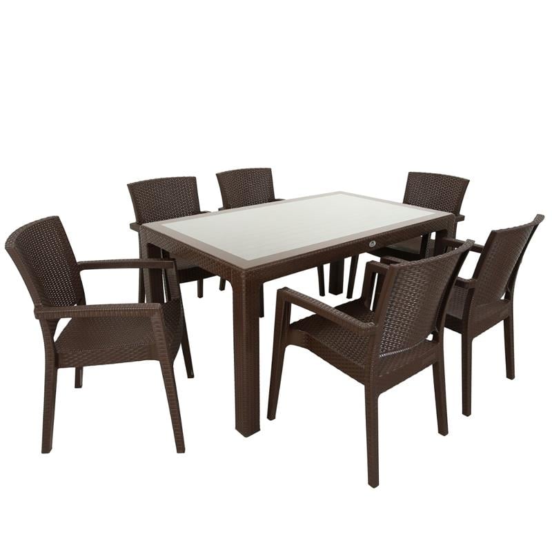 Didim Set Kahve 90*150 Camlı Masa + 6 Ad Koltuk