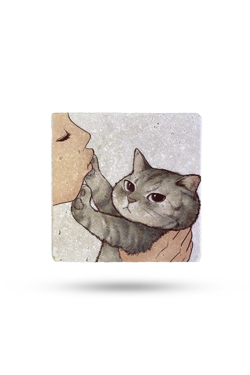 BEGOLONİDoğal Taş Bardak Altlığı Kedi1 10*10cm