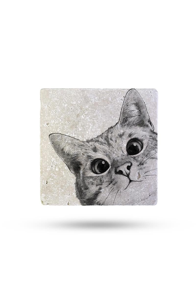 BEGOLONİDoğal Taş Bardak Altlığı Kedi2 10*10cm