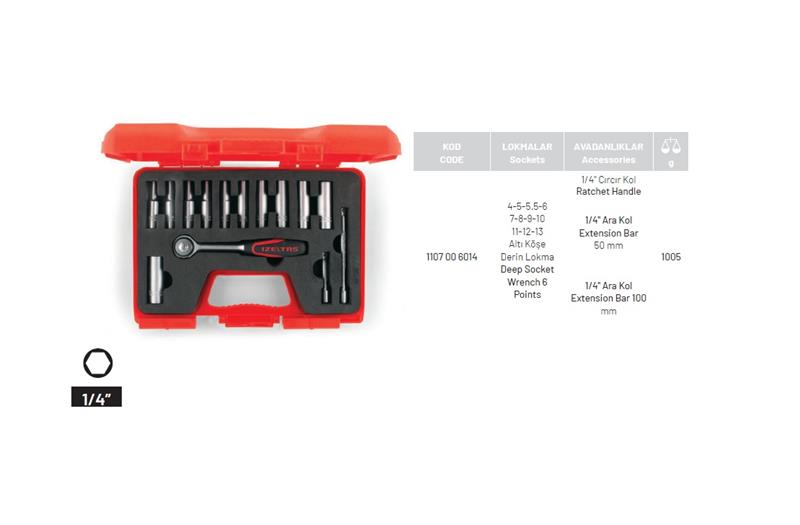 İzeltaş 1/4” Altı Köşe Derin Lokma Anahtar 14 Prc