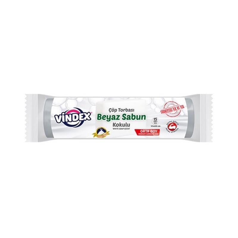 Vindex Beyaz Sabunlu Büzgülü Çöp Torbası Orta