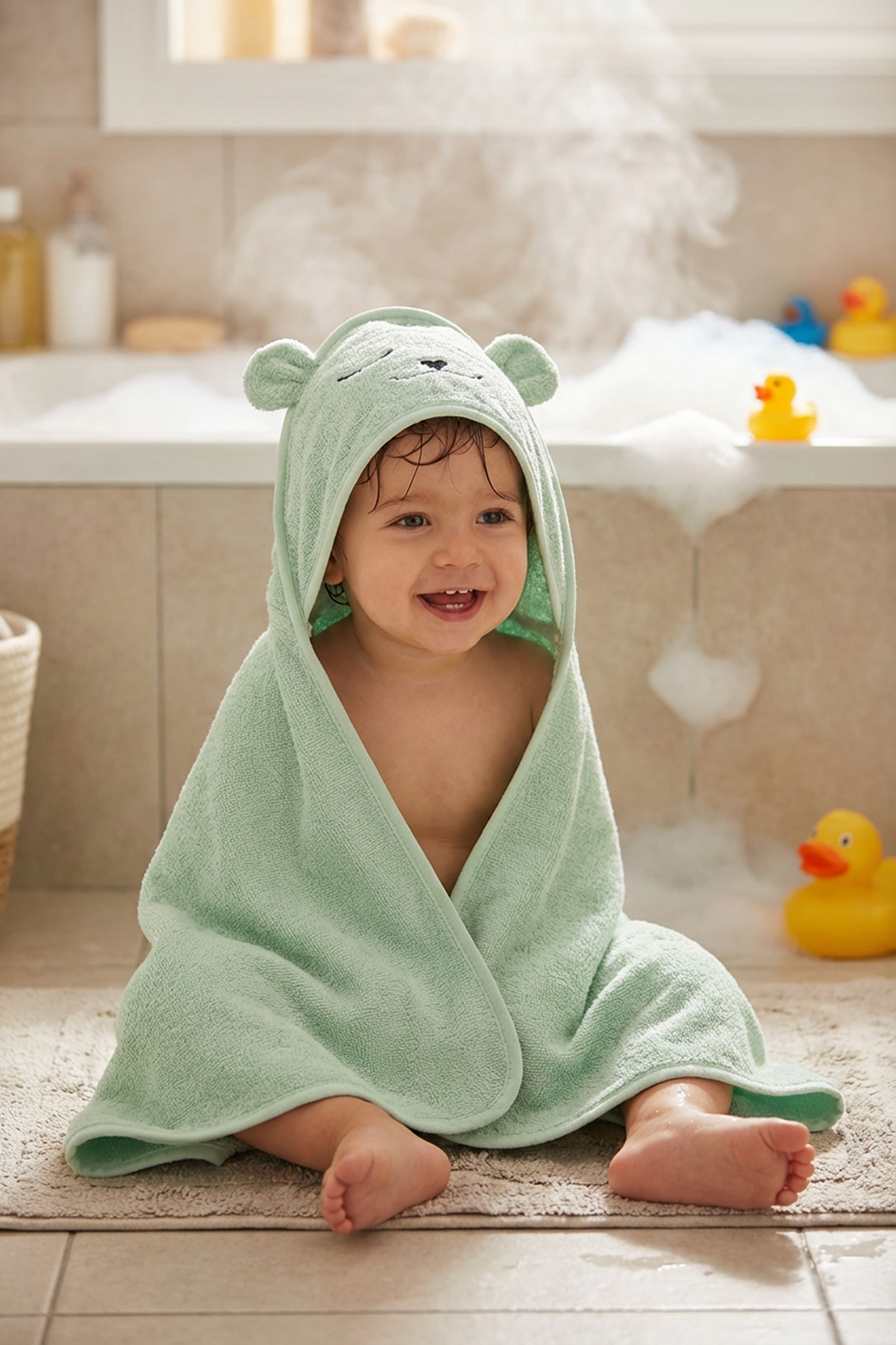Baby Class %100 Pamuk Ayıcık Nakışlı Bebek Havlu Kundak 70x70 cm + Kese Lovely Bear Yeşil