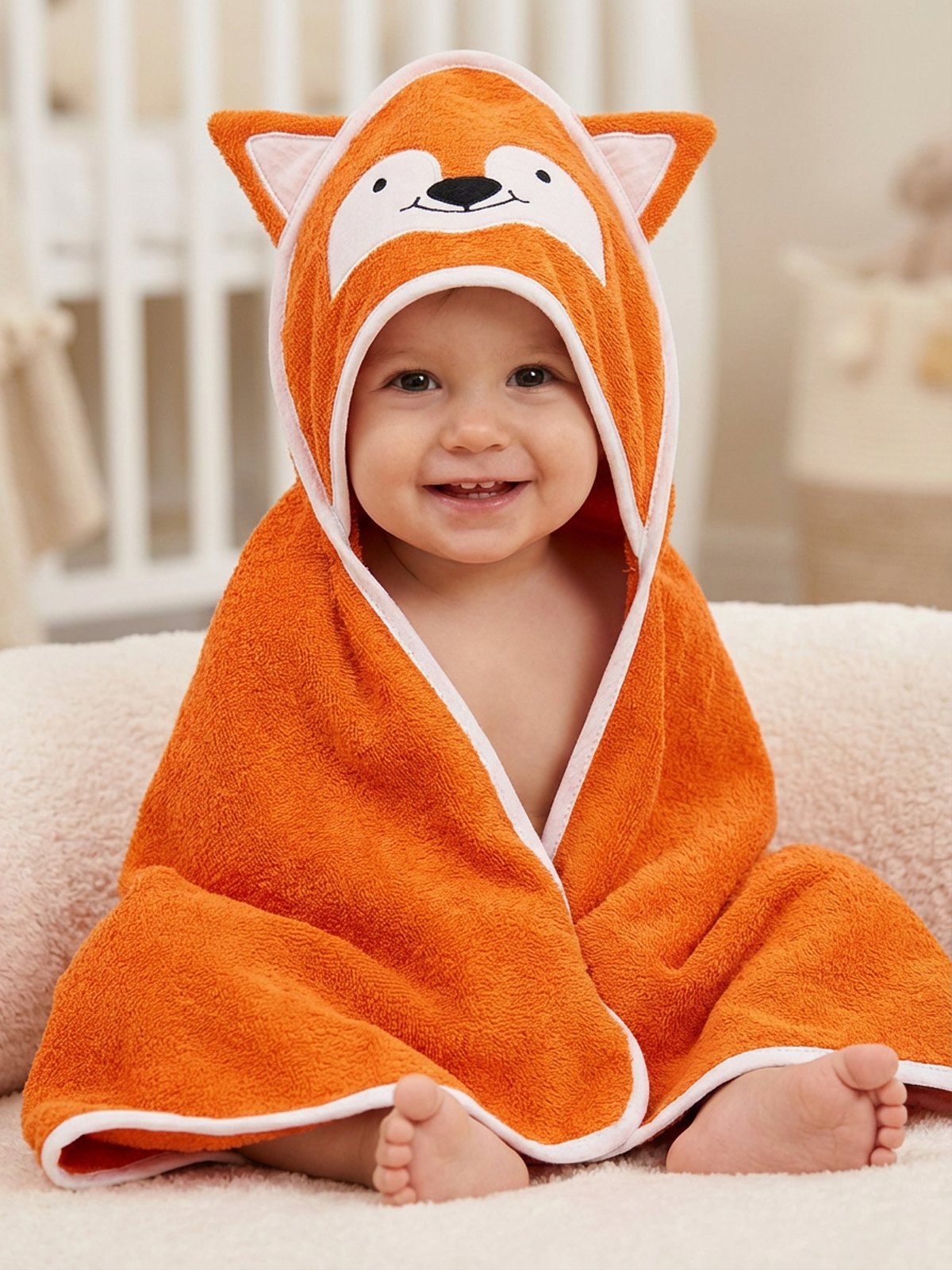 Baby Class %100 Pamuk Tilki Nakışlı Bebek Havlu Kundak 75x75 cm Fox Turuncu