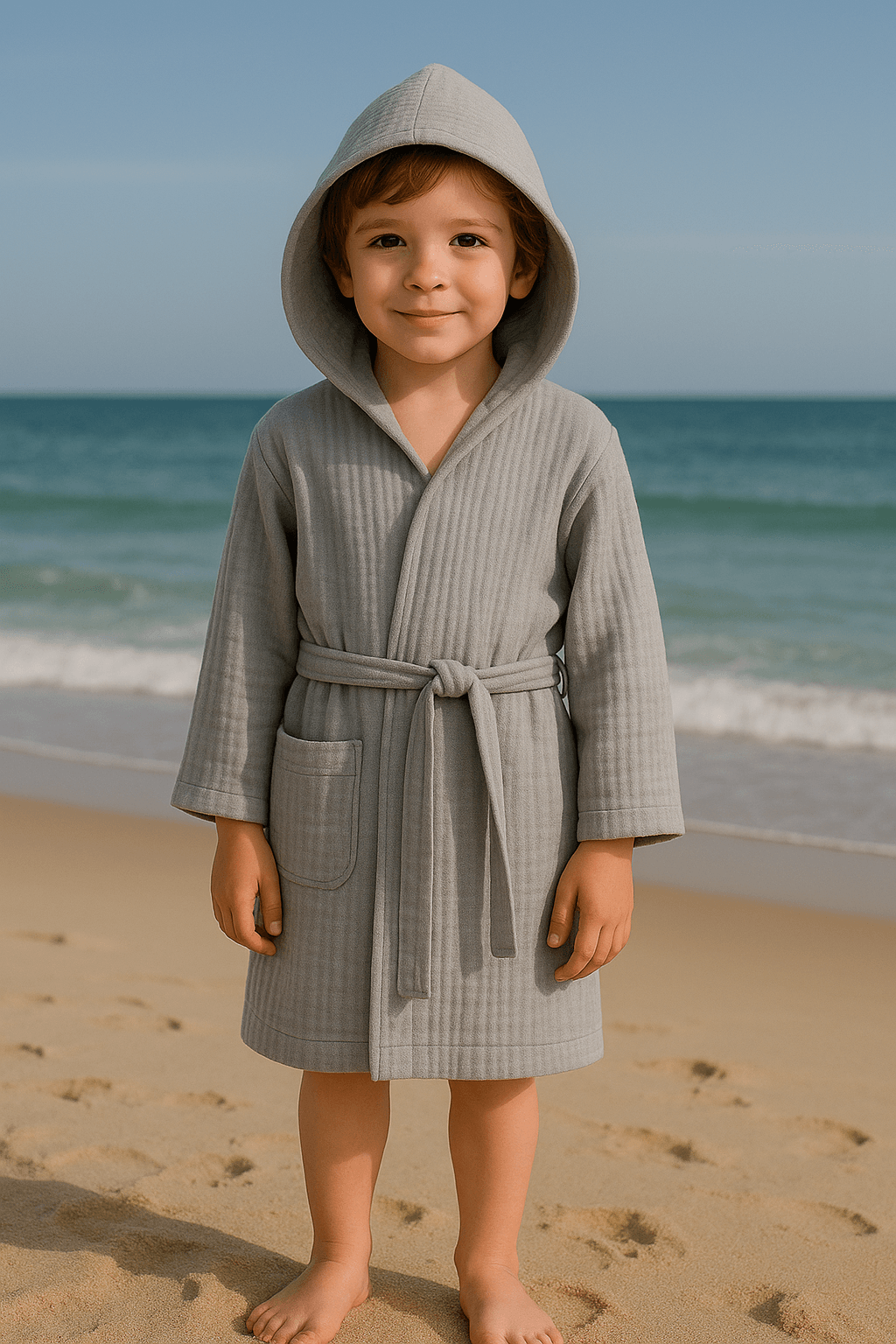 Baby Class Kapüşonlu Müslin Çocuk Bornozu 7-8 Yaş Gri