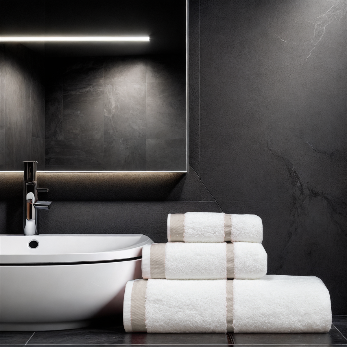 Class Penye Banyo Havlu Takımı 3lü Set 30x50 50x90 90x150 Beyaz / Bej