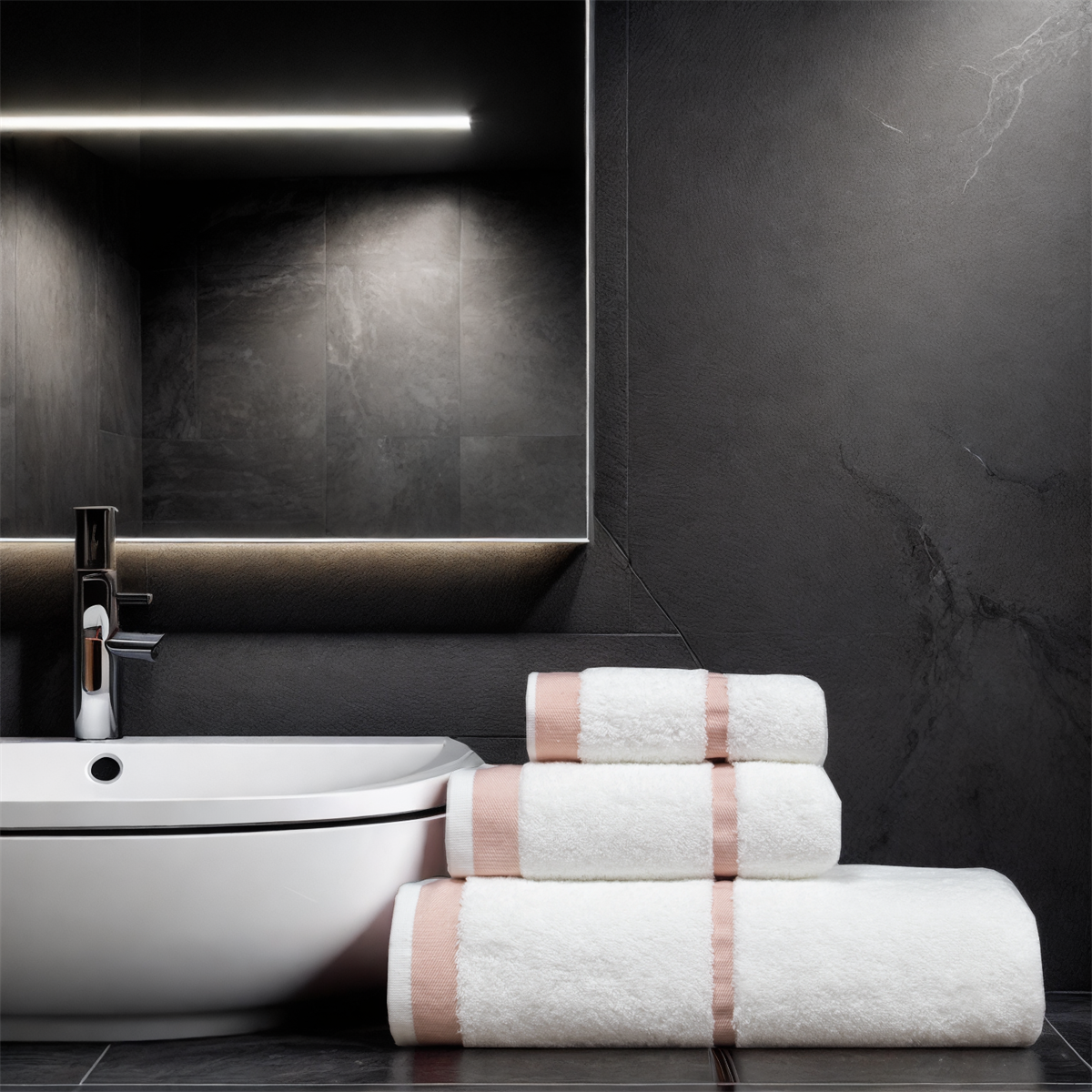 Class Penye Banyo Havlu Takımı 3lü Set 30x50 50x90 90x150 Beyaz / Pembe