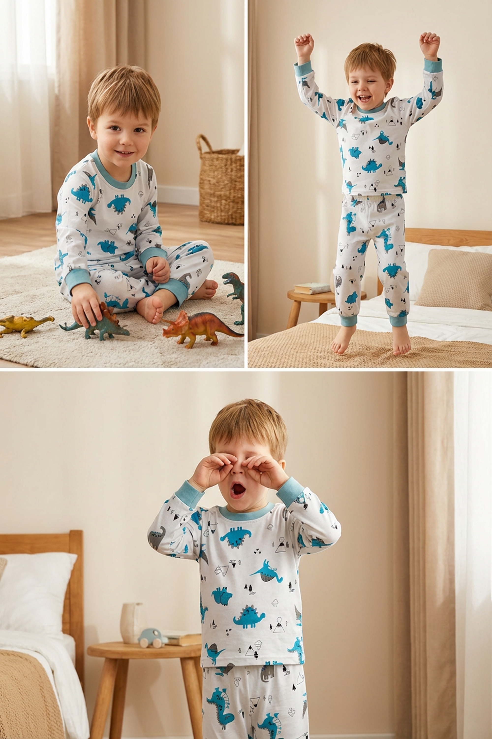 Erkek Çocuk %100 Pamuklu Uzun Kollu Pijama Takımı Dinazor 5-6 Yaş