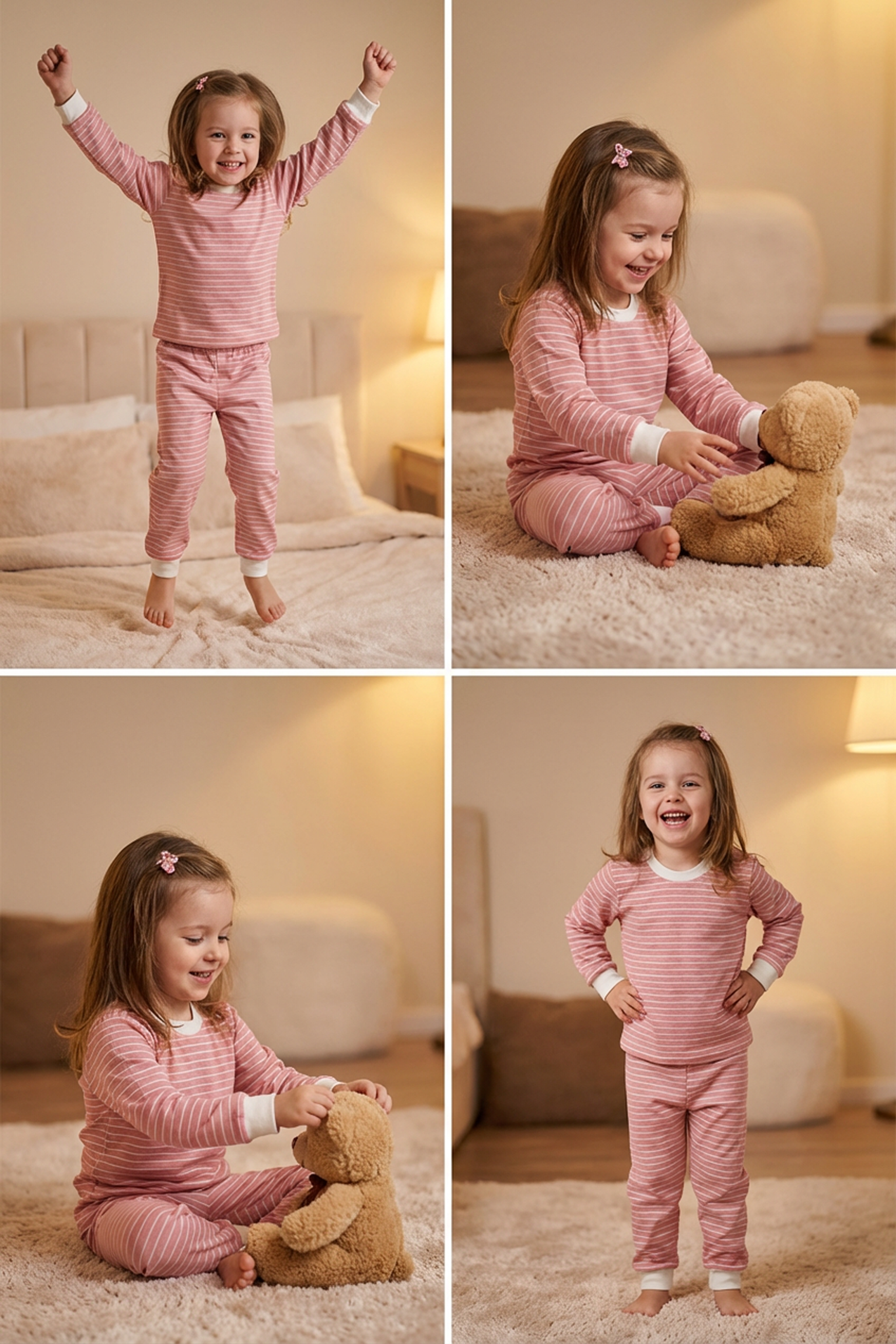 Kız Çocuk %100 Pamuklu Uzun Kollu Pijama Takımı Line 3-4 Yaş