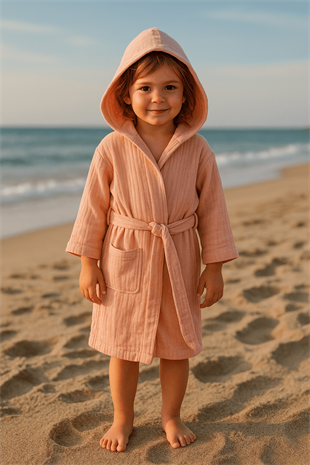 Baby Class Kapüşonlu Müslin Çocuk Bornozu 5-6 Yaş Pembe