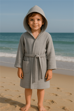 Baby Class Kapüşonlu Müslin Çocuk Bornozu 7-8 Yaş Gri