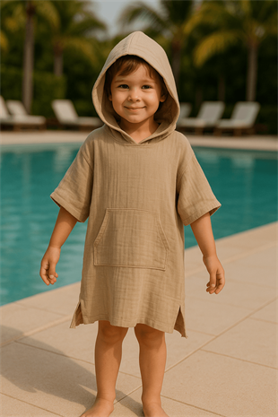 Baby Class Kapüşonlu Müslin Çocuk Panço 8-9 Yaş Bej