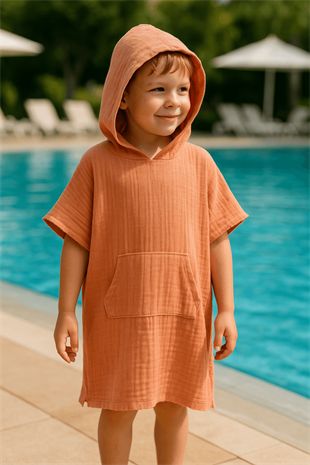 Baby Class Kapüşonlu Müslin Çocuk Panço 8-9 Yaş Kiremit