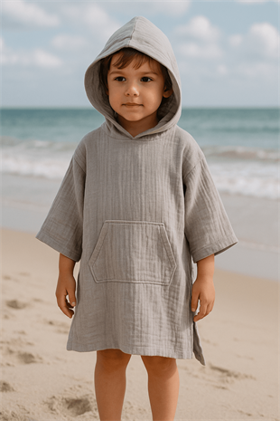 Baby Class Kapüşonlu Müslin Çocuk Panço 8-9 Yaş Gri