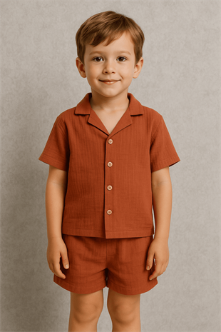Baby Class  Müslin Çocuk Gömlek Şortlu Takım 7-8 Yaş Kiremit