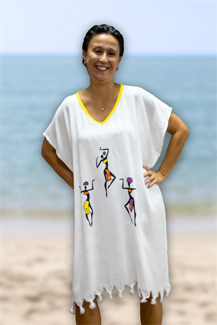 Plaj Elbisesi Viskon / Pamuk Sarı Biyeli Africa Desen L- XL