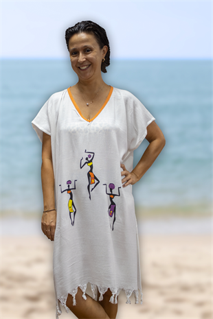 Plaj Elbisesi Viskon / Pamuk Turuncu Biyeli Africa Desen S-M