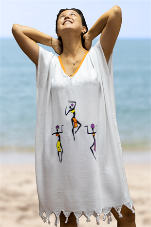 Plaj Elbisesi Viskon / Pamuk Turuncu Biyeli Africa Desen L- XL