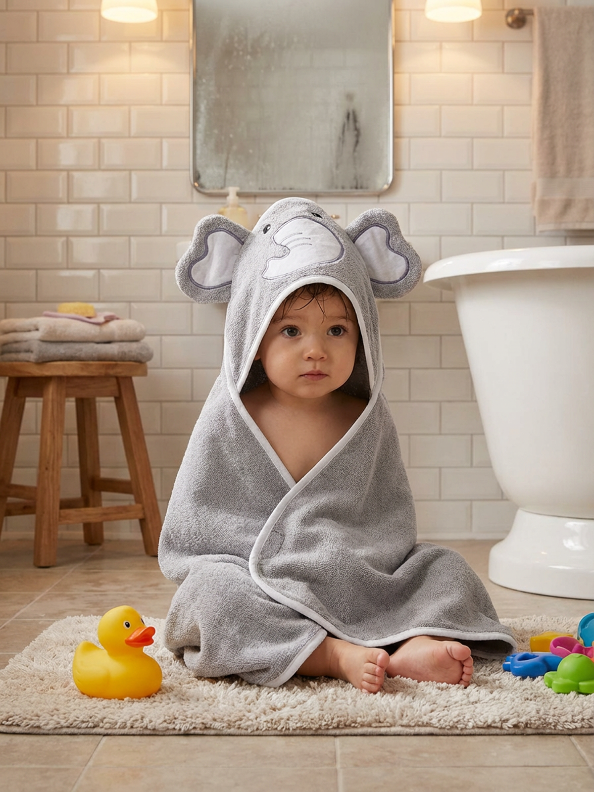 Baby Class %100 Pamuk Fil Nakışlı Bebek Havlu Kundak 75x75 cm Elephant Gri