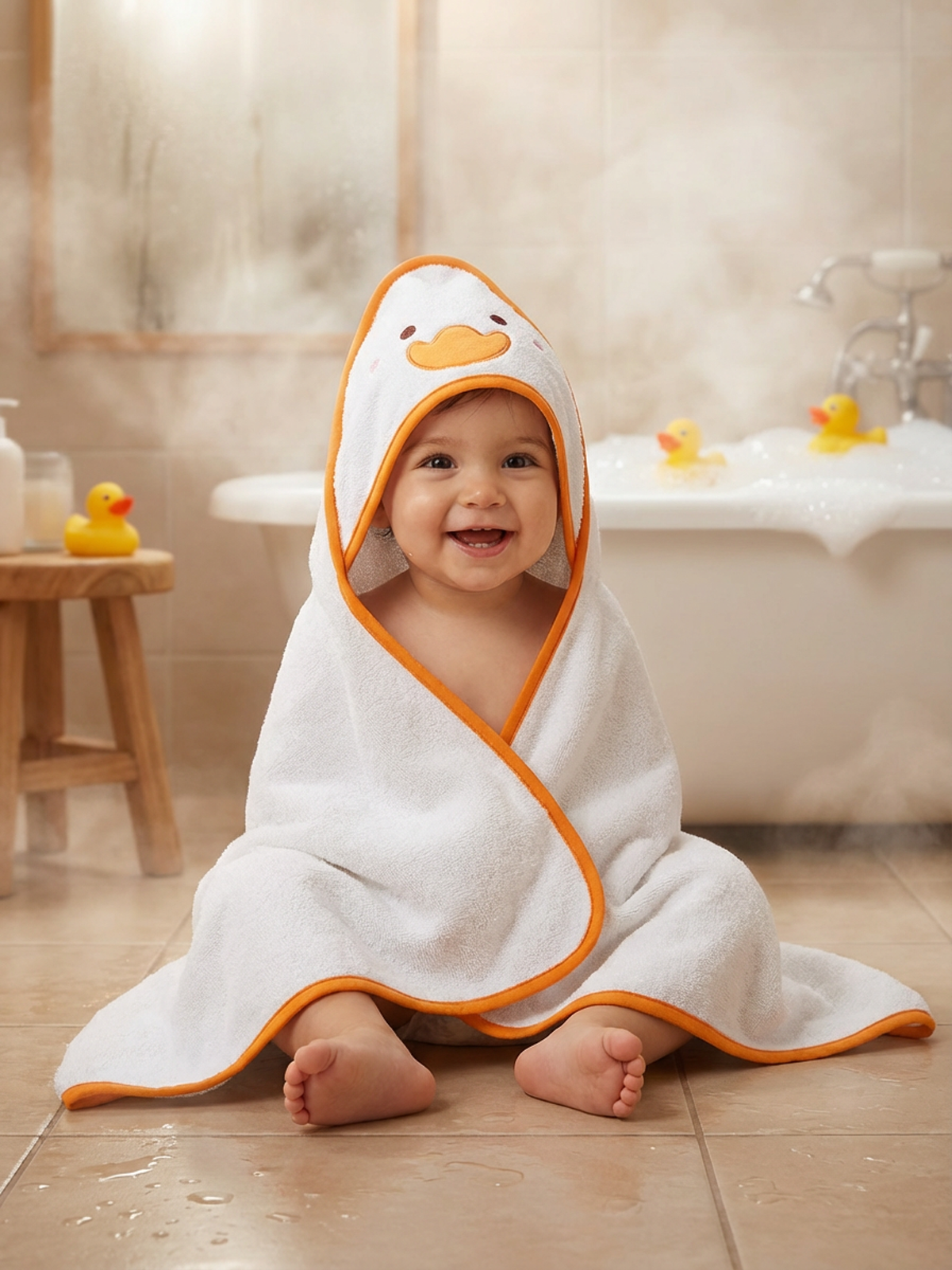 Baby Class %100 Pamuk Ördek Nakışlı Bebek Havlu Kundak 75x75 cm Duck Ekru