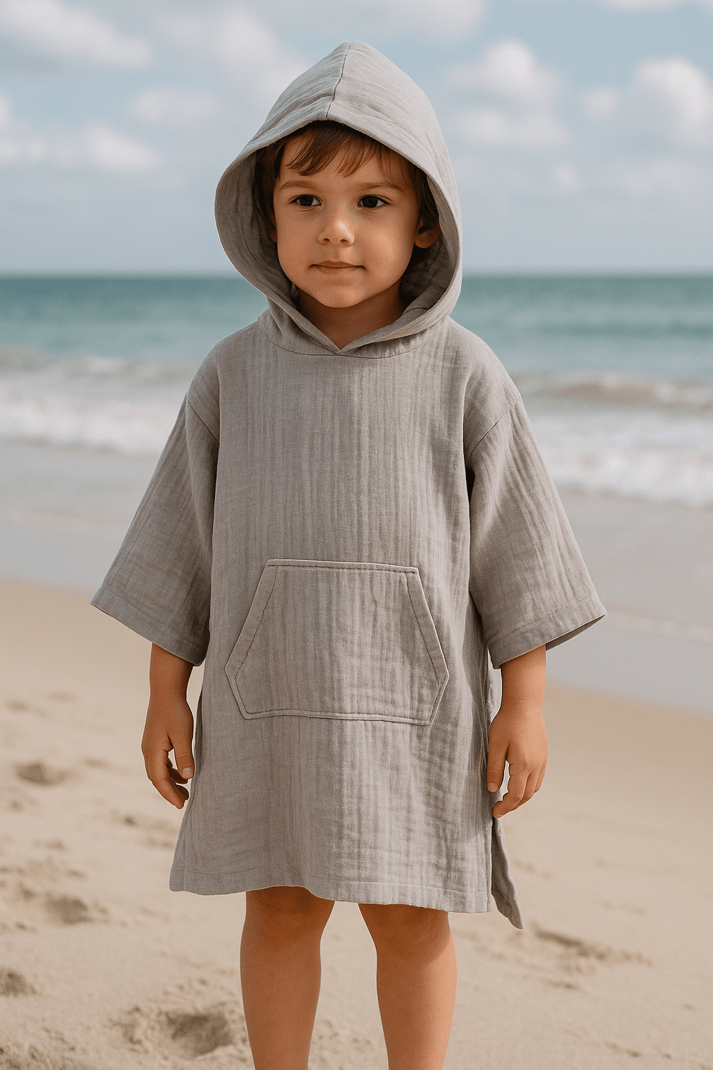 Baby Class Kapüşonlu Müslin Çocuk Panço 5-6 Yaş Gri