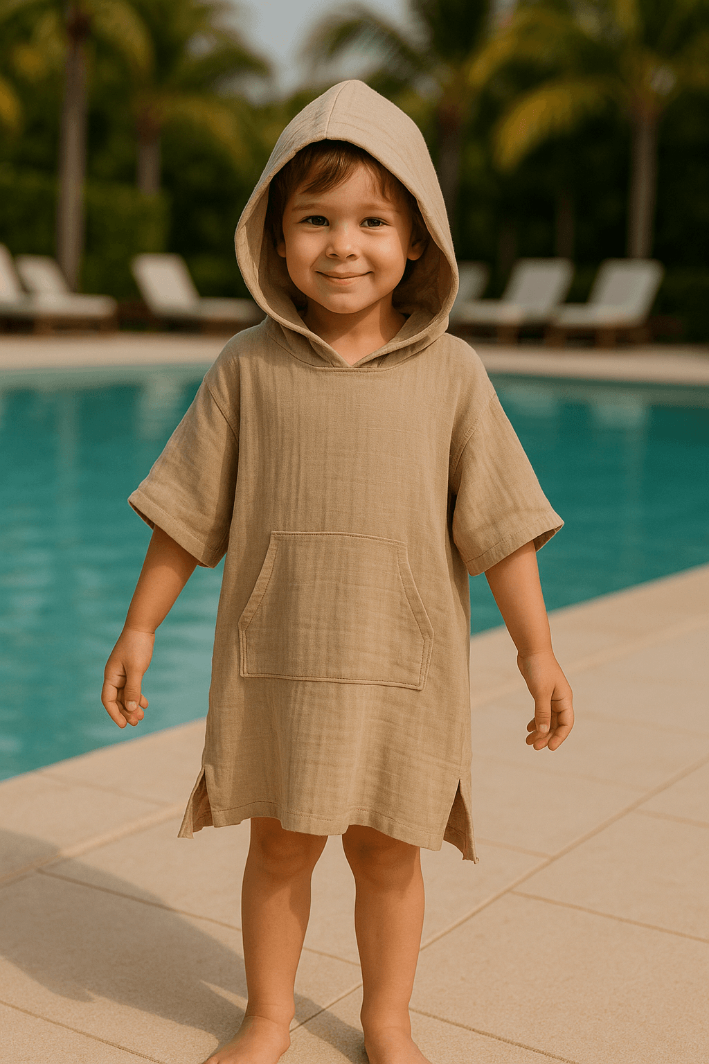 Baby Class Kapüşonlu Müslin Çocuk Panço 5-6 Yaş Bej