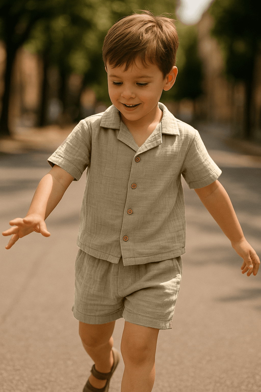 Baby Class  Müslin Çocuk Gömlek Şortlu Takım 5-6 Yaş Bej