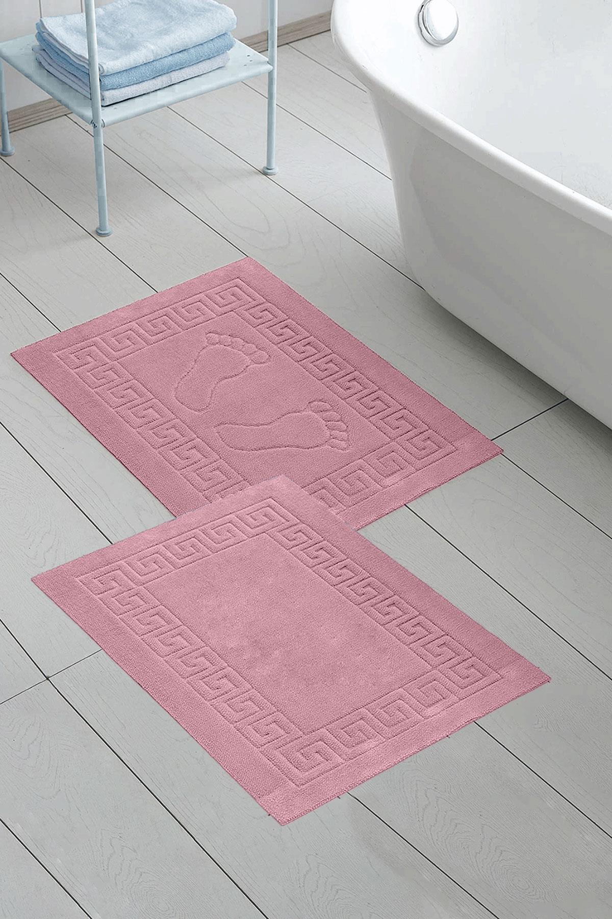 Class 2li 50x70 cm Ayak İzli / Düz Banyo Paspas Havlu Seti Pembe