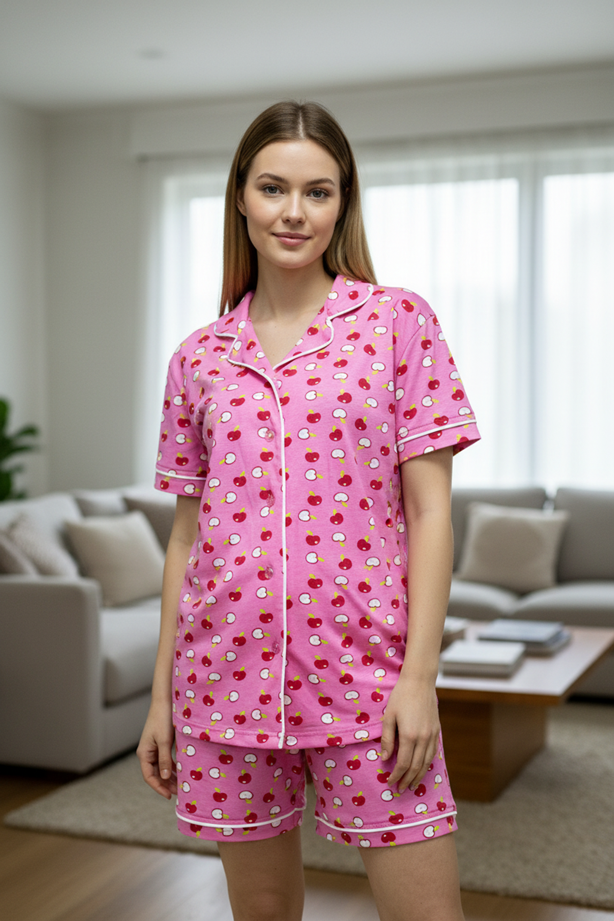 Pamuklu Baskılı Düğmeli Pijama Takımı Elmalı S/M