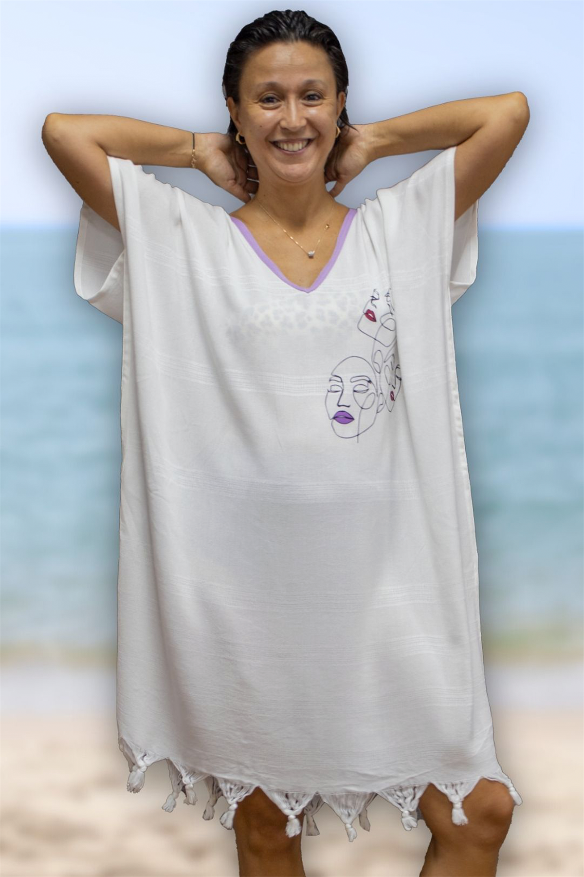 Plaj Elbisesi Viskon / Pamuk Biyeli Mask Desen L-XL