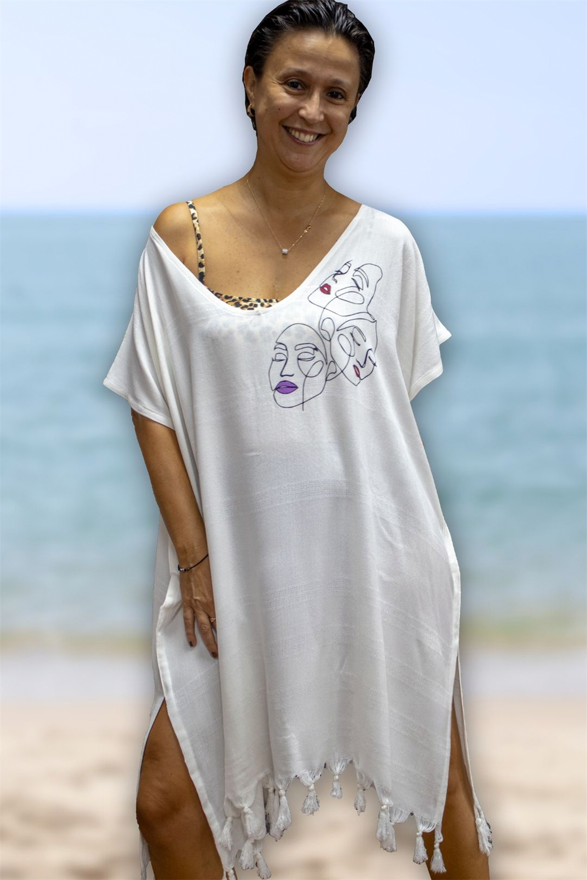 Plaj Elbisesi Viskon / Pamuk Biyesiz Mask Desen L-XL