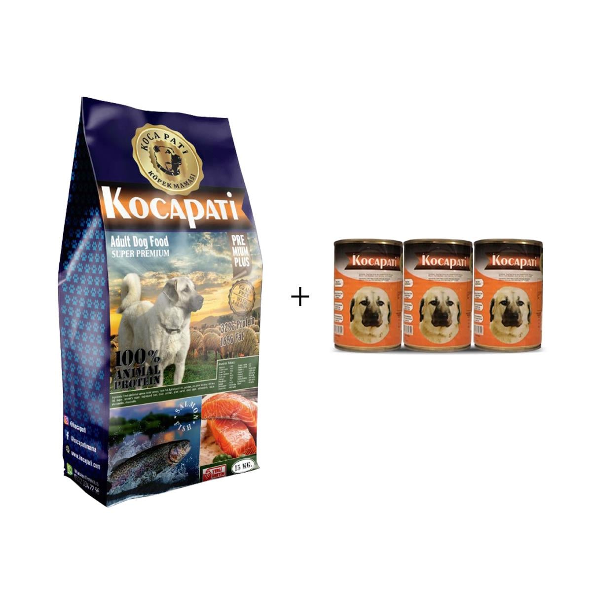 Kocapati Premium Plus Somonlu Yetişkin Köpek Maması 15 kg + 3 Konserve Mama