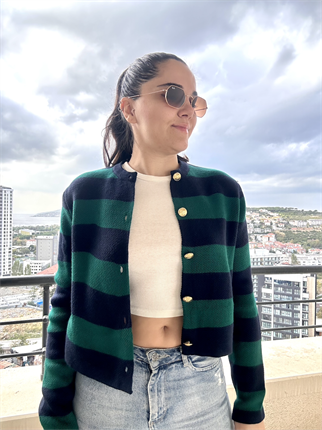 Çizgili Crop Hırka Petrol Yeşili Lacivert