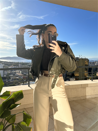 Yıkamalı Suni Deri Crop Biker Ceket Haki