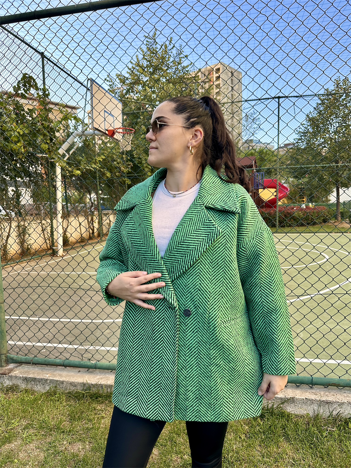 Balık Sırtı Astarlı Oversize Kaşe Kaban Yeşil
