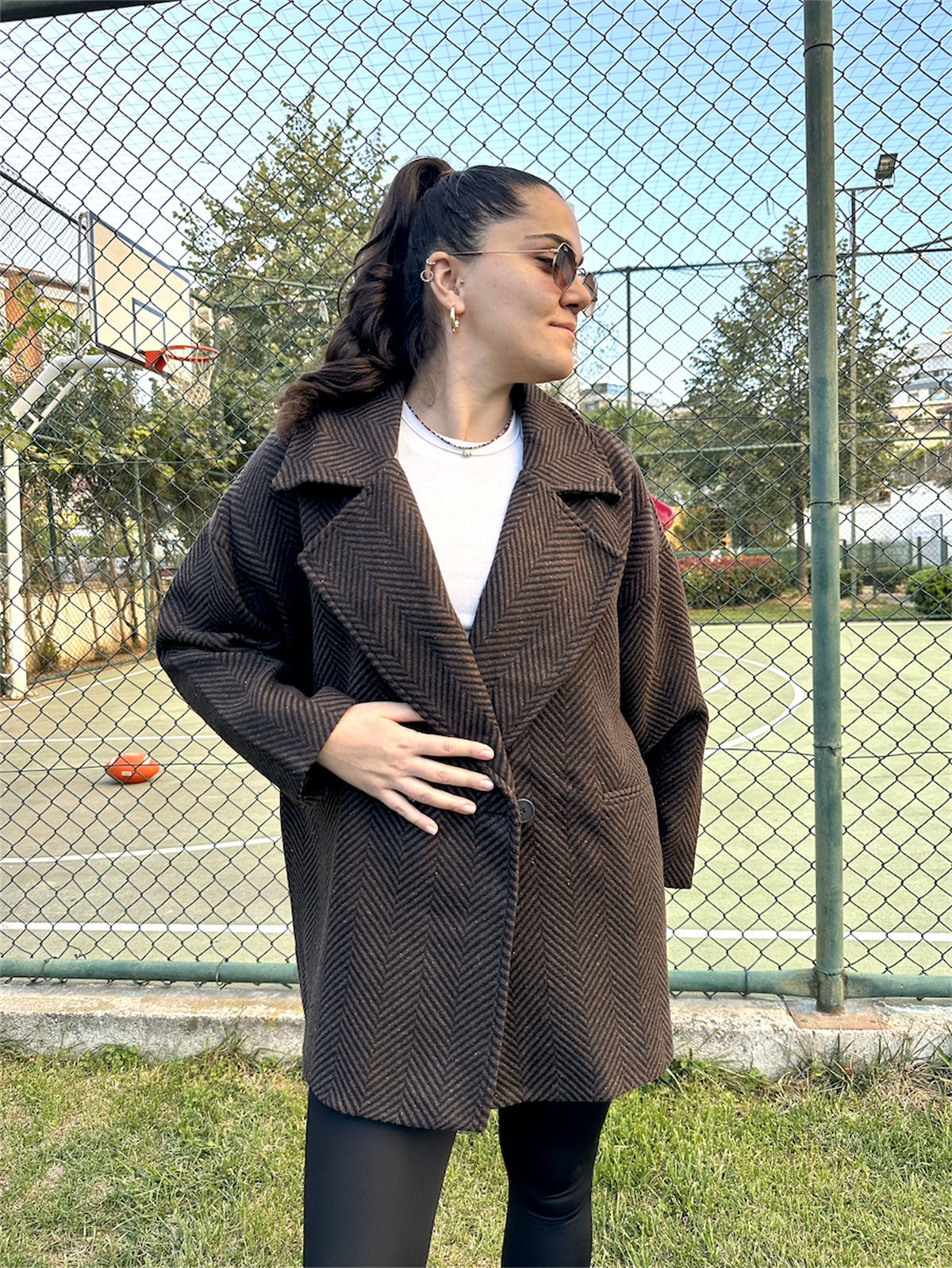 Balık Sırtı Astarlı Oversize Kaşe Kaban Acı Kahverengi