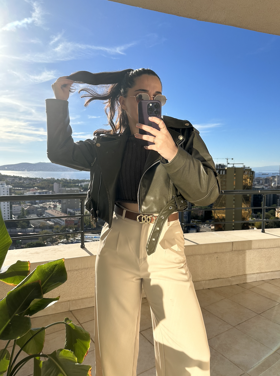 Yıkamalı Suni Deri Crop Biker Ceket Haki