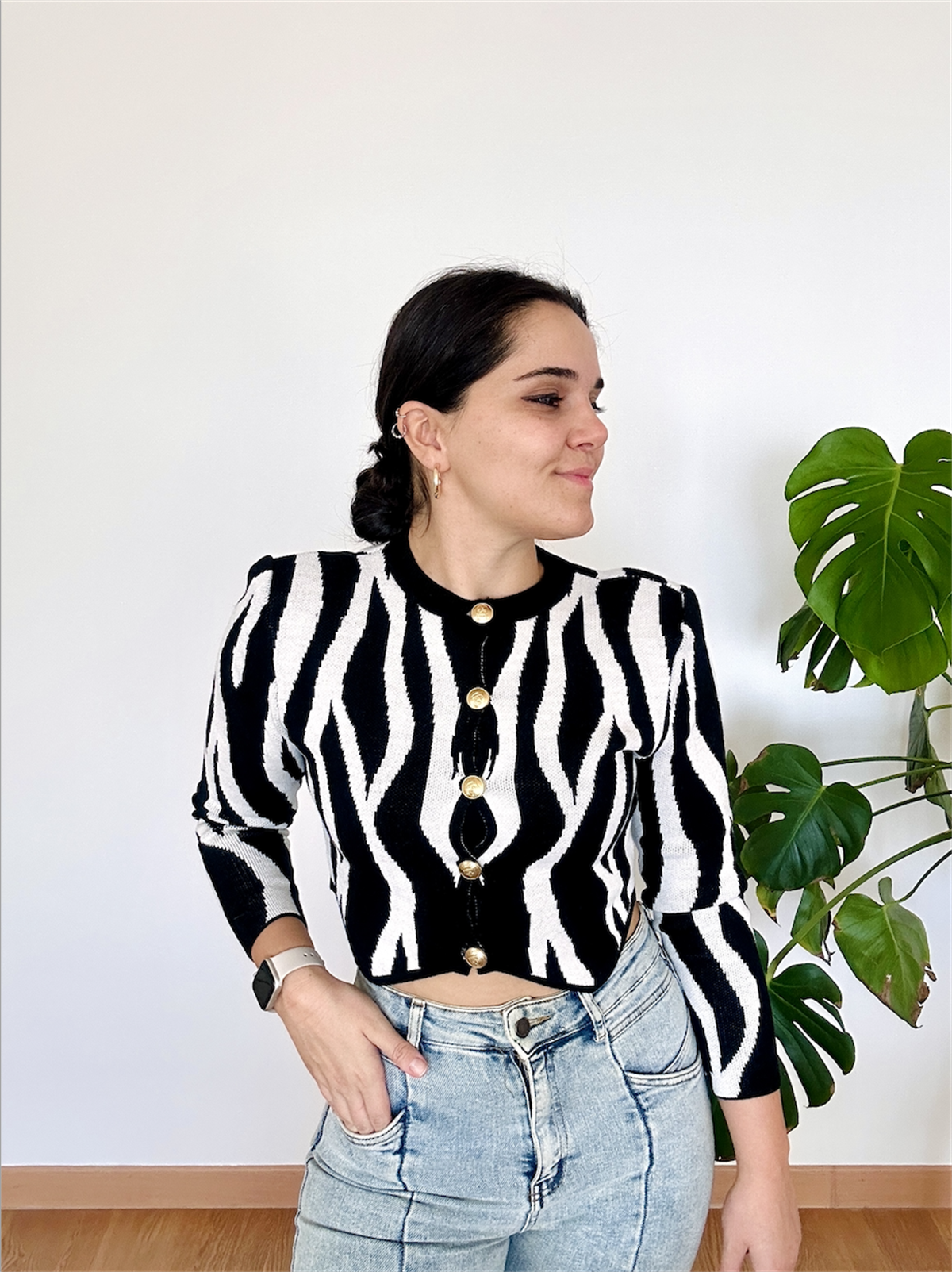 Zebra Desen Vatkalı Kısa Hırka Siyah-Beyaz