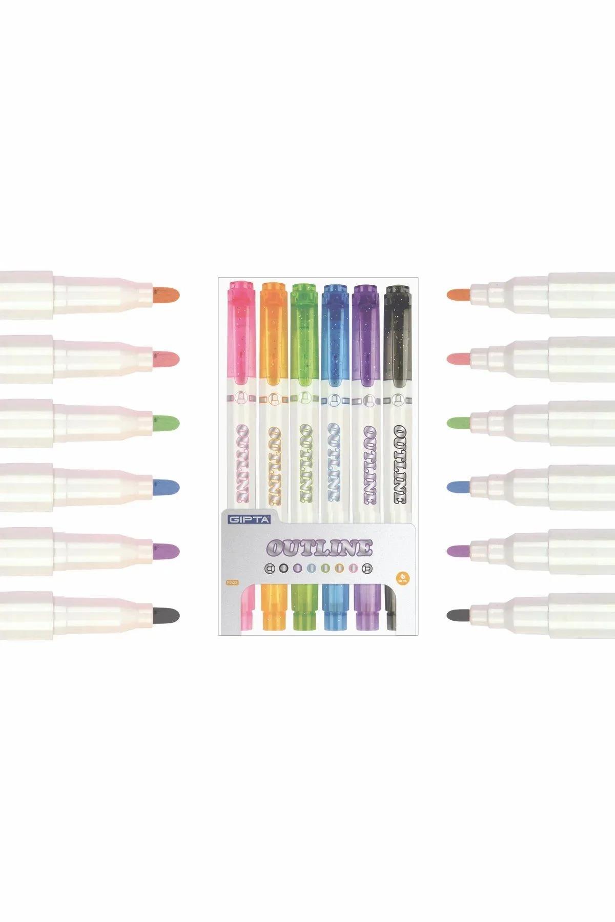 GIPTA OUTLINE METALİK KONTÜRLÜ ÇİFT UÇLU FOSFORLU MARKER 6 RENK