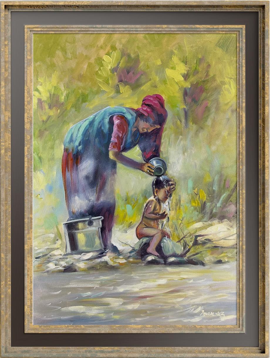 Figüratif TablolarÇocuğunu Yıkayan Anne Yağlı Boya Tablo