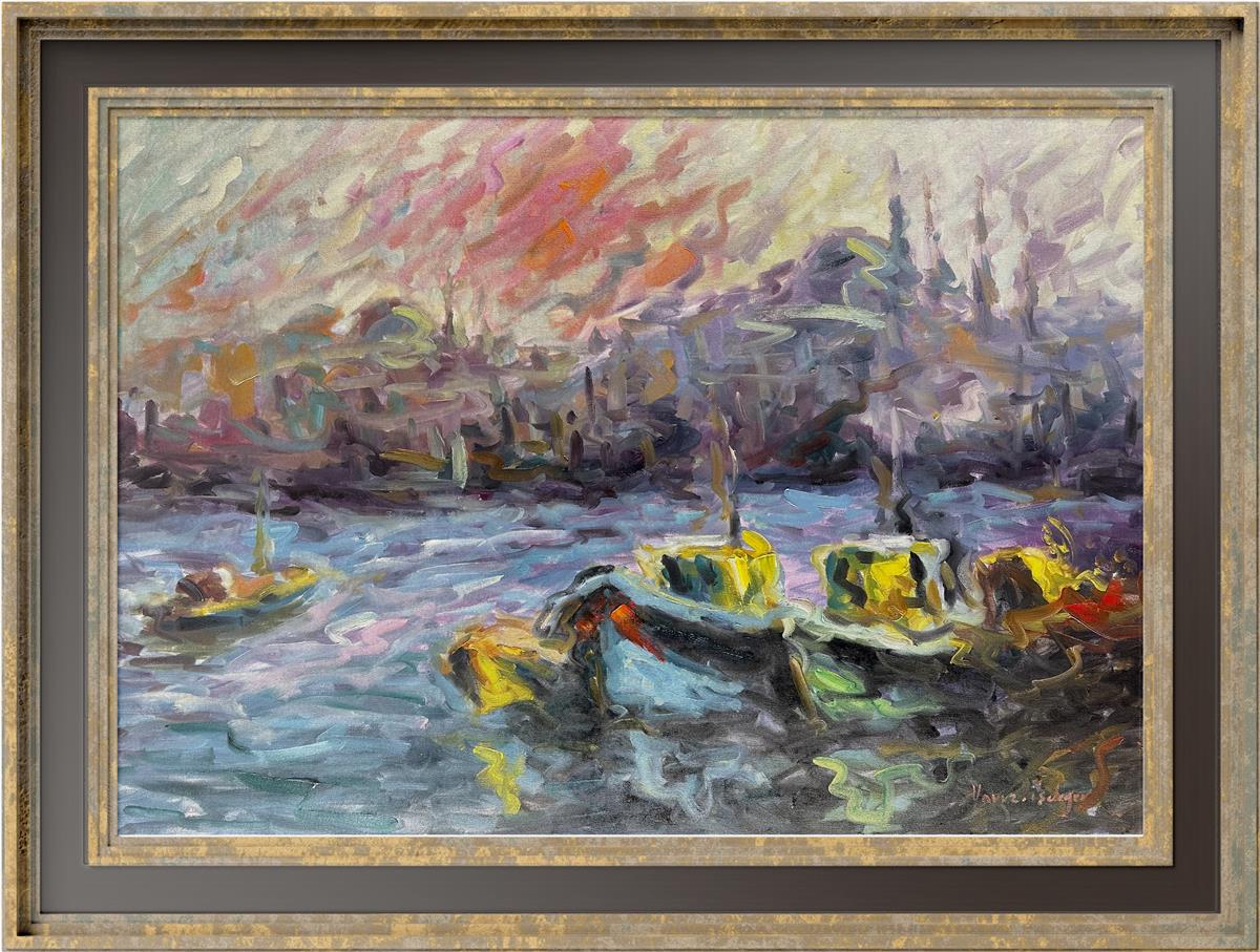 İstanbul Temali TablolarHaliç'te Tekneler Modern Yağlı Boya Tablo