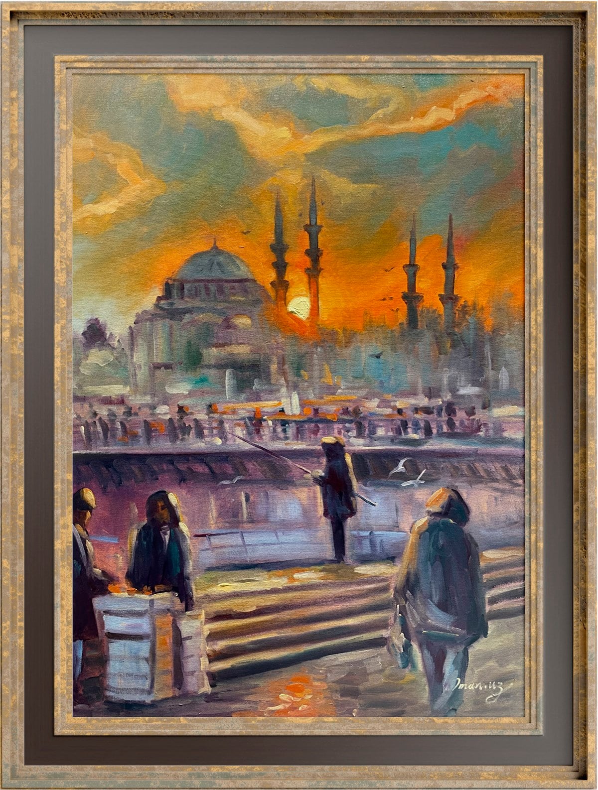 İstanbul temalı tablolar Karaköy İskelesinde Gün Batımı Yağlı Boya Tablo