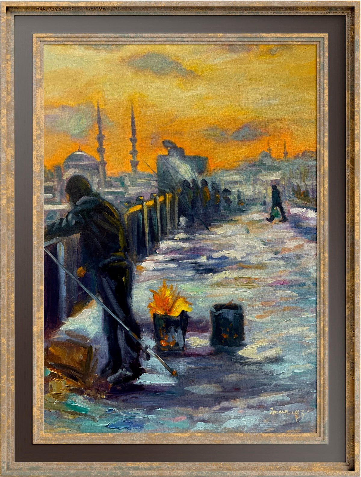 İstanbul temalı tablolarKarlı Gün'de Galata Balıkçıları Yağlı Boya Tablo