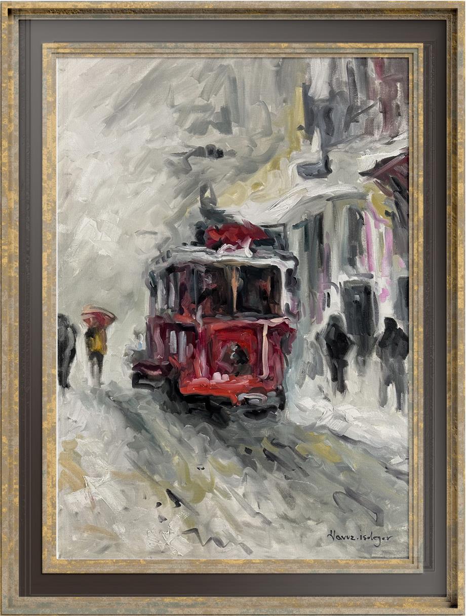 İstanbul Temalı Tablolar,Soyut ve Modern TablolarKarlı Günde Tramvay Modern Yağlı Boya Tablo