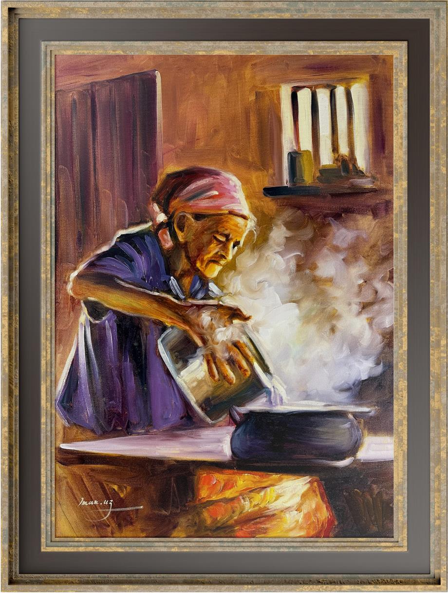 Anadolu temalı tablolarYemek Yapan Kadın Yağlı Boya Tablo